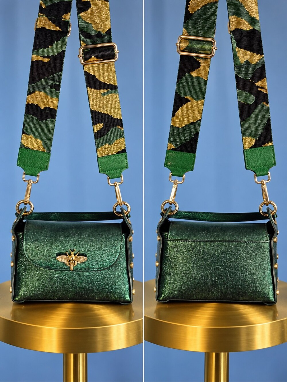 Metallic Green Italian Leather Crossbody Bag with Gold Bee Clasp & Camo Strap